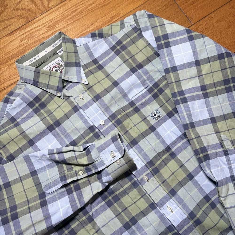 Cinch Mens Green Blue Plaid Western Button Down Shirt Long Sleeve Cotton Medium